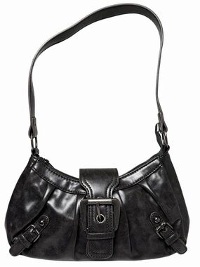 City Y2K Retro Charcoal Faux Leather Buckle Hobo Shoulder Bag Silver Grunge Chic
